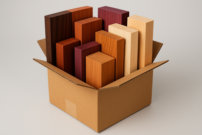12 inch X 12 inch X 12 inch cardboard box filled with domestic and exotic hardwoods minimum 6 inches wide peices