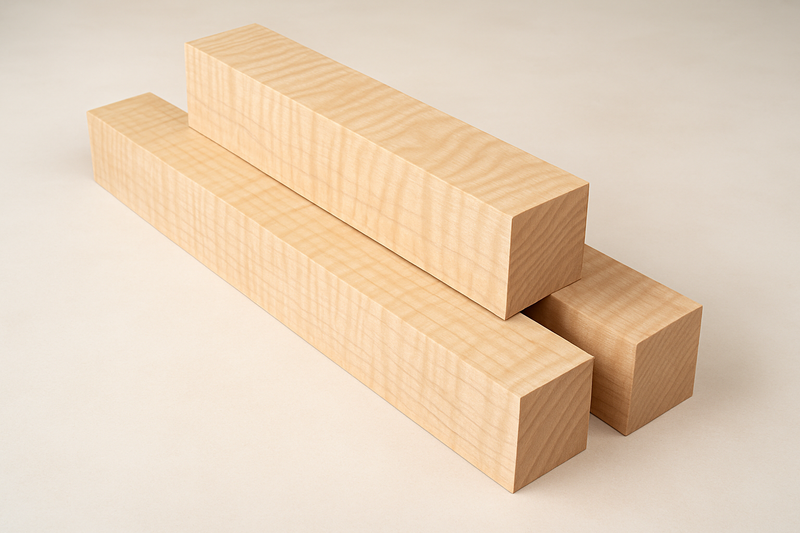 Curly maple cutting board blanks, dimensions are 1.35 inches X 1 inch X 26 inches long.  Stack 3 in pyramid shape